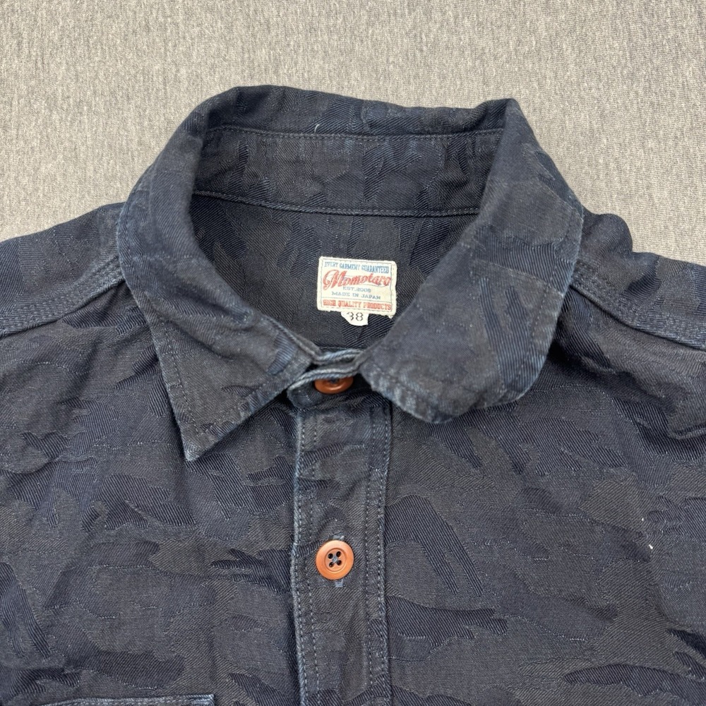 Momotaro Indigo Tonal Camouflage Jacquard Button-Down Shirt Sz 38 Blue Japan - Picture 14 of 14